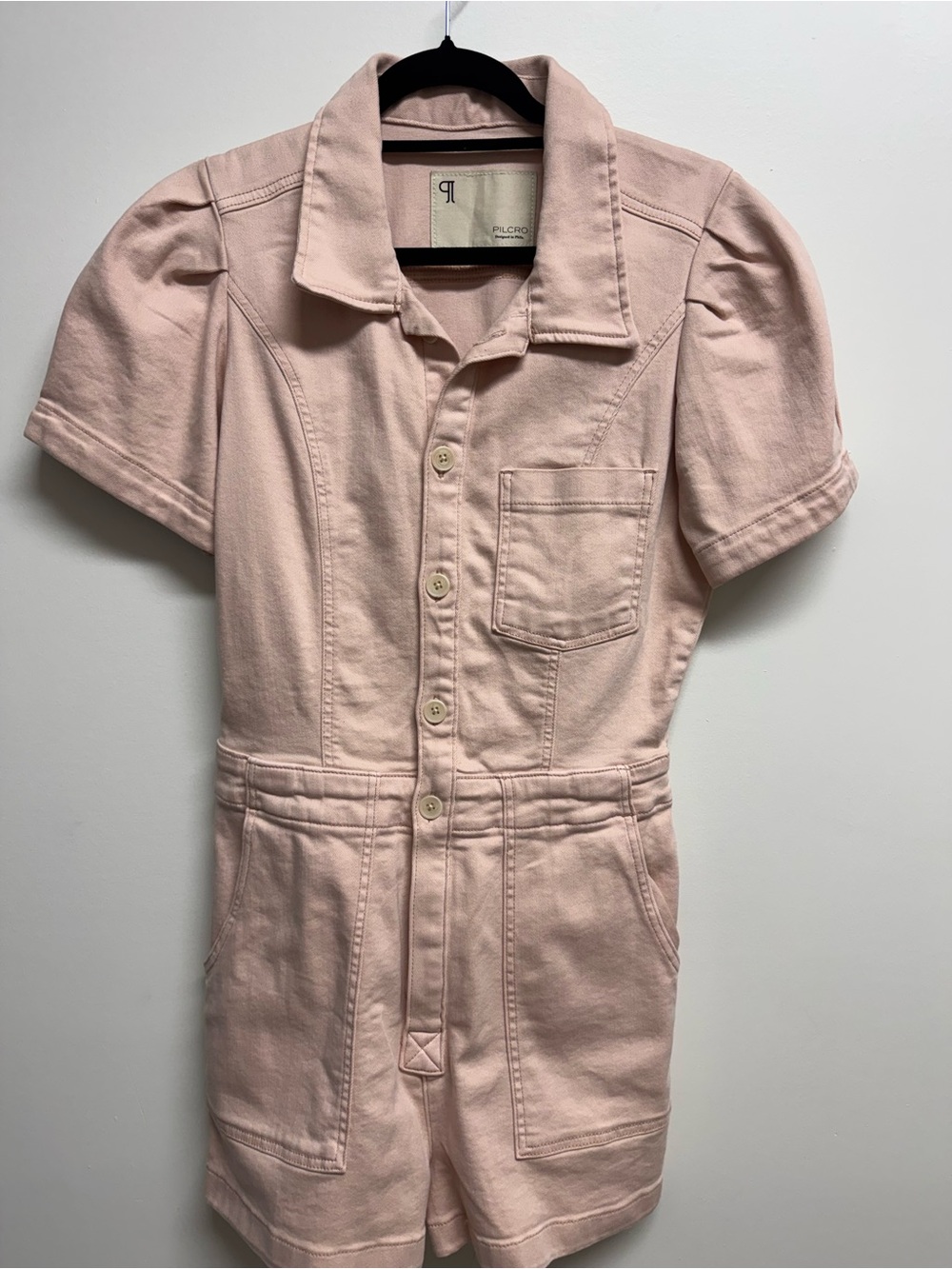 Pilcro Blush Pink Short-Sleeve Denim Romper Size 10 - Picture 4 of 8